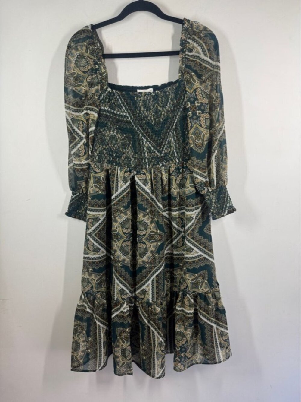 Apricot Paisley Mini Dress Green Size 6 Boho Cottagecore Festival Vacation Chic - Picture 2 of 16